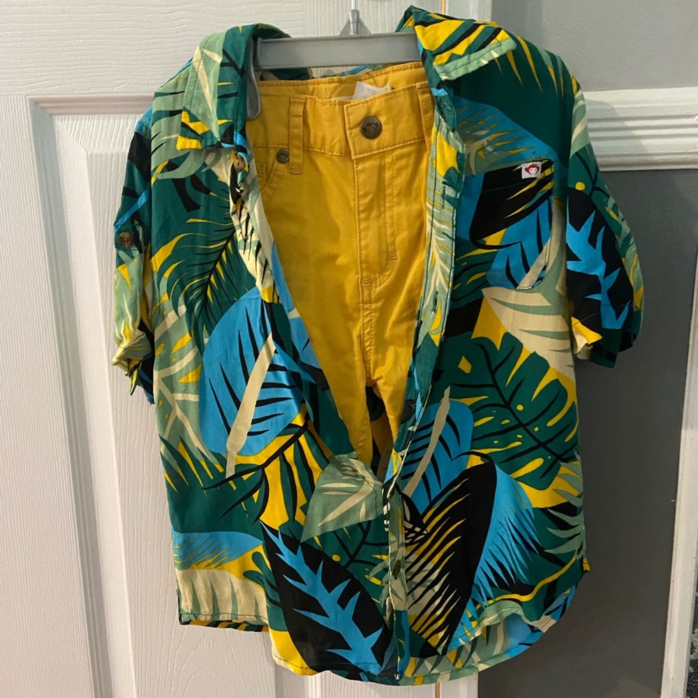 Appaman Green and Yellow Leaf Print Shirt with Yellow Accents